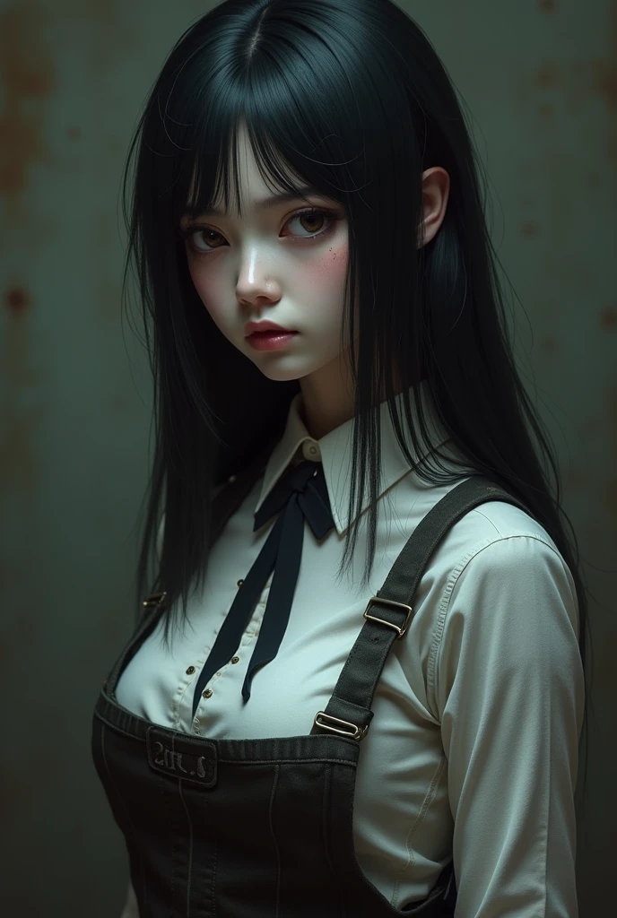 ((masterpiece, best quality)), (1 Girl), (Solitary), (Women's Focus), night (Chainsaw Man),(Very rich facial details, Real images, Realistic white skin, Realistic body, Intricate details), Upper Body, Serious , Brown eyes, Looking at the audience, bandage over the body, Black Hair, Long-sleeved shirt, Apron Dress, Black tie, bandage, bandage, Small Breasts