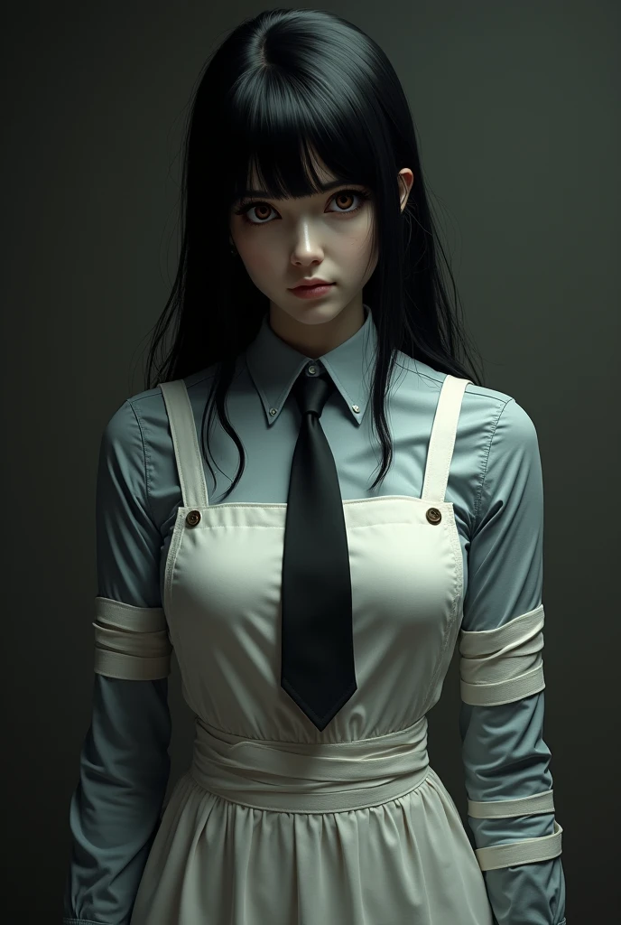((masterpiece, best quality)), (1 Girl), (Solitary), (Women's Focus), night (Chainsaw Man),(Very rich facial details, Real images, Realistic white skin, Realistic body, Intricate details), Upper Body, Serious , Brown eyes, Looking at the audience, bandage over the body, Black Hair, Long-sleeved shirt, Apron Dress, Black tie, bandage, bandage, Small Breasts