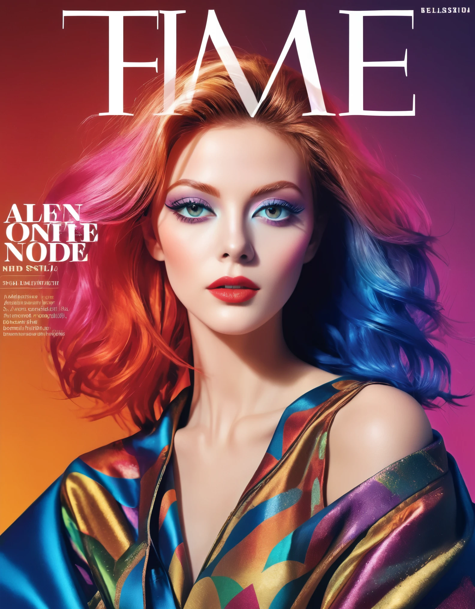 Magazine cover, esthetic, , (A girl with) vibrant colorful hair, Eye-catching pose, Rockstar, stylish clothes, Big star made up in the right eye in the style of David Bowie Blitz,  confident smile, Dynamic background, (Haute Couture),(realisti),(studio lighting), (best quality,4K,highres), (portrait), (best quality,4K,8k,highres,​masterpiece:1.2),Ultra-detail,(realisti,photorealisti,photo-realisti:1.37), Hyperrealisti Haut und Mund Nase Augen, glossy finish, bright colours, captivating design, Professional models, Iconic logo, Striking typography, Dynamic layout, eye-catching headlines, Fashion Forward, Avant-garde style, innovative concepts, influential personalities, Trend-setting fashion,  Modern lifestyle, cultural influence, timeless charm, stylish rockstar accessories, glamorous photo shoots, international appeal, Diverse perspectives, High-Fashion-Editorials, Exclusive interviews, first-class journalism, exquisite craftsmanship, visual storytelling, captivating cover story, captivating images, iconic fashion brands, Avantgardistisches Make-up, luxurious fabrics, elegant patterns, High quality printing, sophisticated layout, Trendprognose, inspiring pictures, breathtaking artistic direction, Required reading.