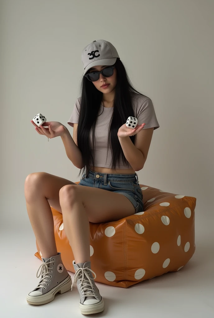 Beautiful woman with chubby legs, long straight black hair, wearing a cap and sunglasses, wearing fashionable casual clothes, sitting with her back turned and facing forward on a dice-shaped beanbag with dice in her hands