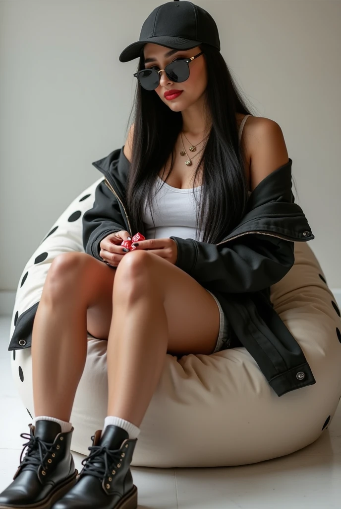 Beautiful woman with chubby legs, long straight black hair, wearing a cap and sunglasses, wearing fashionable casual clothes, sitting with her back turned and facing forward on a dice-shaped beanbag with dice in her hands