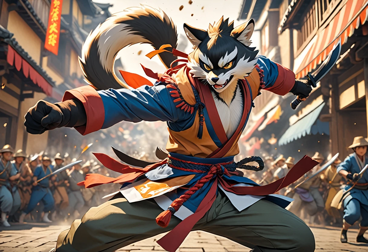 top quality, high-quality illustrations((masterpiece))depth of field, motion blur, absurdres, Perfect Anatomy, magnificent picture of kemono fighting fierce battles, kemono, 1boy, solo focus, Anthro((dramatic))epic, weapon, dynamic pose, One scene of movie,