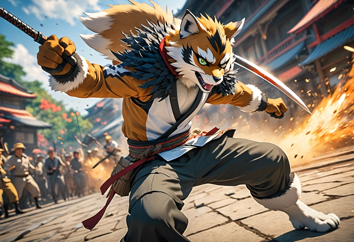 top quality, high-quality illustrations((masterpiece))depth of field, motion blur, absurdres, Perfect Anatomy, magnificent picture of kemono fighting fierce battles, kemono, 1boy, solo focus, Anthro((dramatic))epic, weapon, dynamic pose, One scene of movie,