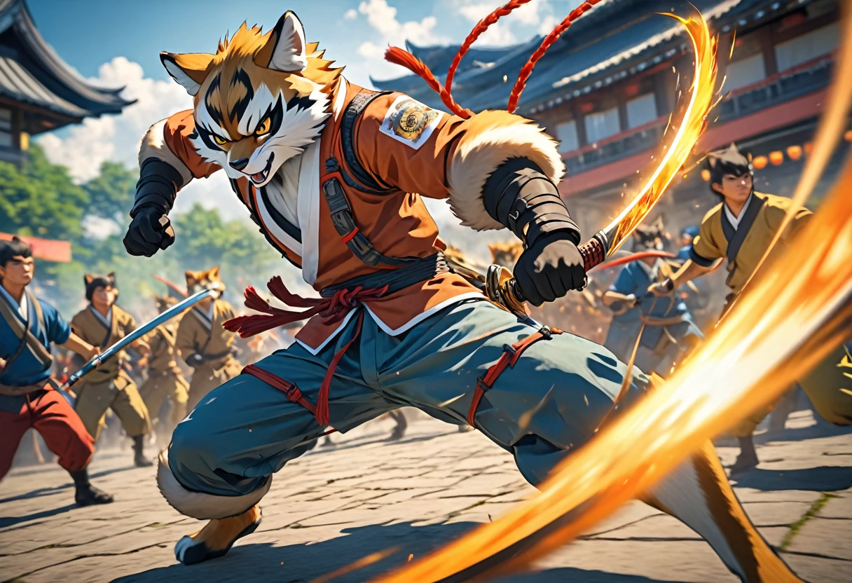 top quality, high-quality illustrations((masterpiece))depth of field, motion blur, absurdres, Perfect Anatomy, magnificent picture of kemono fighting fierce battles, kemono, 1boy, solo focus, Anthro((dramatic))epic, weapon, dynamic pose, One scene of movie,