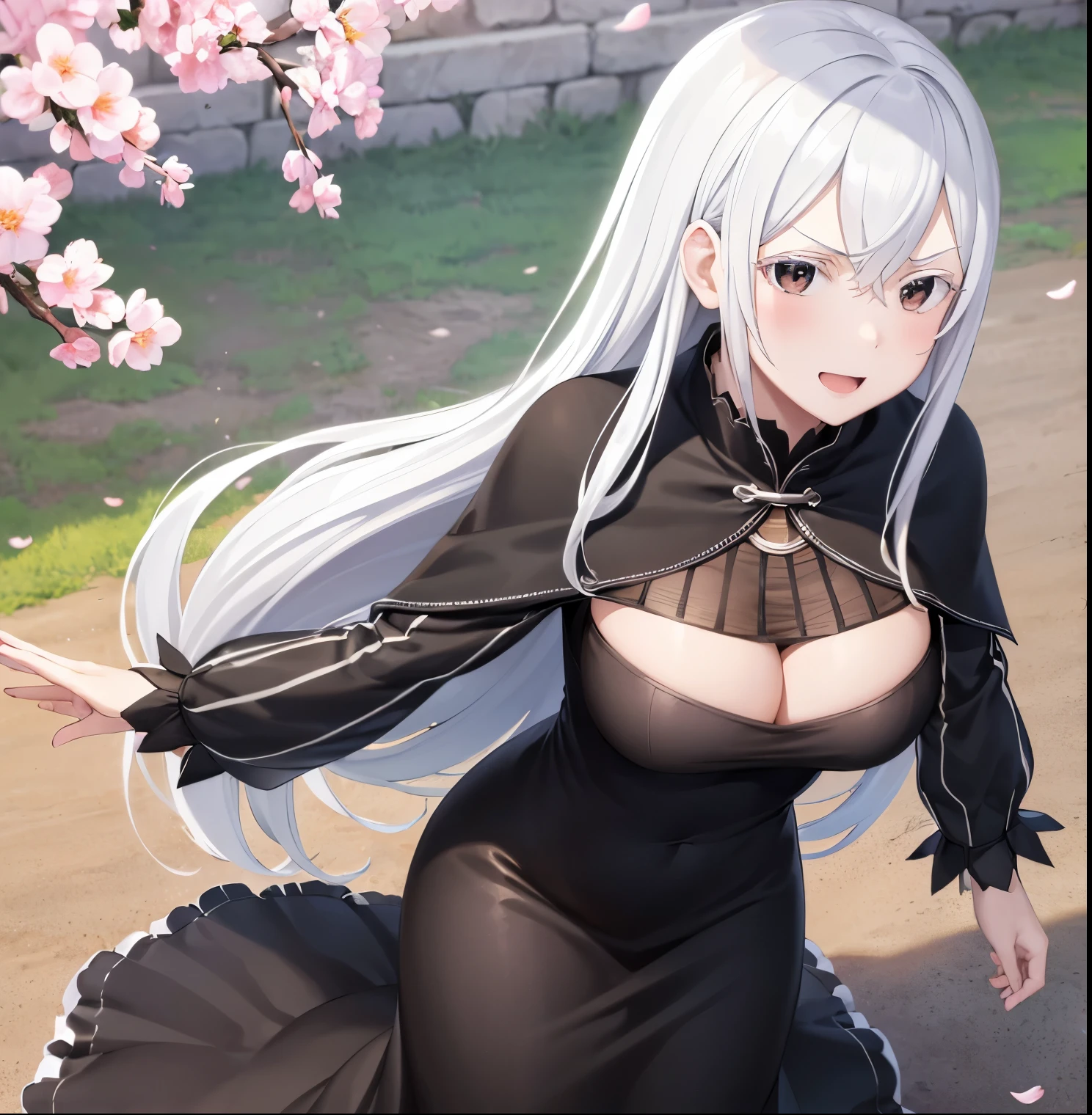 ((1 girl)), ((alone)), echidna, ((Extremely detailed CG unity 4k wallpaper)), (Masterpiece), (ultra quality), (Ultra detailed), (best illustration), (best shadow), (extremely detailed), (absurdities), (detailed background), curvy body, dynamic pose, cowboy photo, large breasts, narrow waist, wide hips, medium thighs, long hair, white hair, hair ornament , butterfly ornament, brown eyes, black cape, long dress, black dress, long sleeves, white vertical stripes, smile, open mouth, seductive, standing, cowboy photo, leaning forward, leaning, backlight, ((solo) ), ((Standing:1.4, outdoors, green plain, clear landscape, blue sky, cherry blossoms, arms behind the back)), looking forward,((focus on thighs)), point of view: (from Enmedio), perfect anatomy, perfect hands