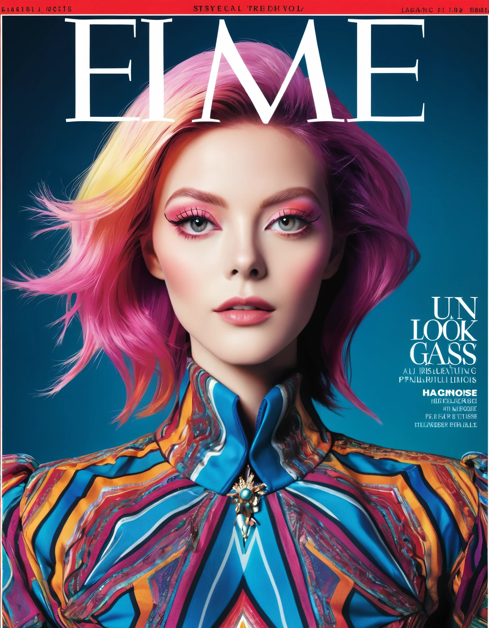 Magazine cover, esthetic, , (A girl with) vibrant colorful hair, Eye-catching pose, Rockstar, stylish clothes, Big star made up in the right eye in the style of David Bowie Blitz,  confident smile, Dynamic background, (Haute Couture),(realisti),(studio lighting), (best quality,4K,highres), (portrait), (best quality,4K,8k,highres,​masterpiece:1.2),Ultra-detail,(realisti,photorealisti,photo-realisti:1.37), Hyperrealisti Haut und Mund Nase Augen, glossy finish, bright colours, captivating design, Professional models, Iconic logo, Striking typography, Dynamic layout, eye-catching headlines, Fashion Forward, Avant-garde style, innovative concepts, influential personalities, Trend-setting fashion,  Modern lifestyle, cultural influence, timeless charm, stylish rockstar accessories, glamorous photo shoots, international appeal, Diverse perspectives, High-Fashion-Editorials, Exclusive interviews, first-class journalism, exquisite craftsmanship, visual storytelling, captivating cover story, captivating images, iconic fashion brands, Avantgardistisches Make-up, luxurious fabrics, elegant patterns, High quality printing, sophisticated layout, Trendprognose, inspiring pictures, breathtaking artistic direction, Required reading.