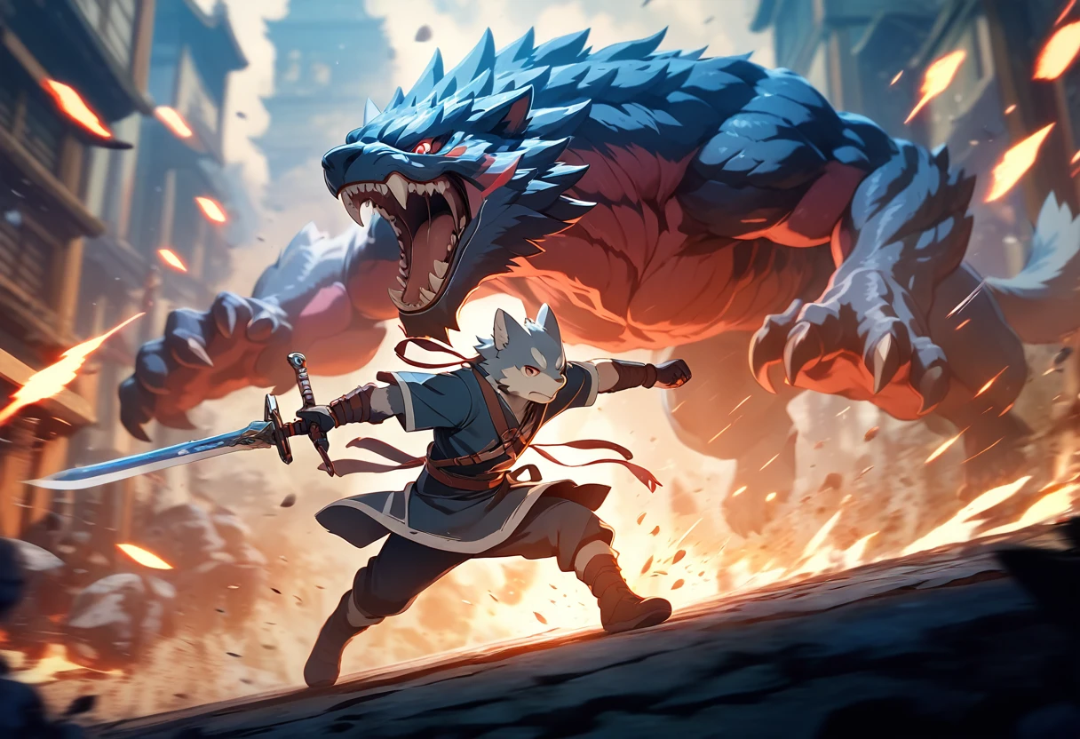 top quality, high-quality illustrations((masterpiece))depth of field, motion blur, absurdres, Perfect Anatomy, magnificent picture of kemono fighting fierce battles, kemono, 1boy, solo focus, Anthro((dramatic))epic, weapon, dynamic pose, One scene of movie,