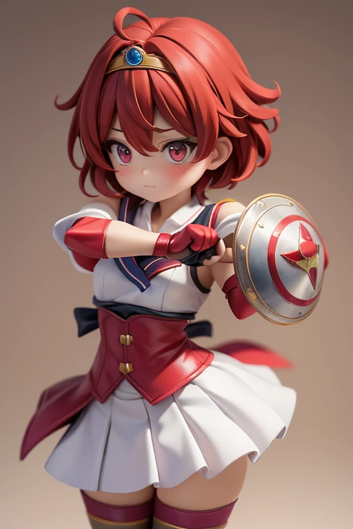 Magical giel、Primary school students、Young girl、、height: 130cm、Short Hair、Shortcuts、boyish、Circlet、tiara、Character portrait、Standing with your legs apart、Karate stance、Martial Arts、spats、ホットpants、pants、Magical Girl Costume、Red clothes、Red Hair、Red eyes、Fighting gloves on hands、Shields in both hands、a round shield