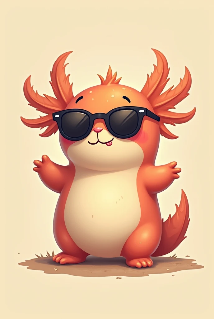 Create a drawing of a happy, sepia axolotl wearing sunglasses that also has long gills for a logo for a baby clothing brand called "Cuddle"