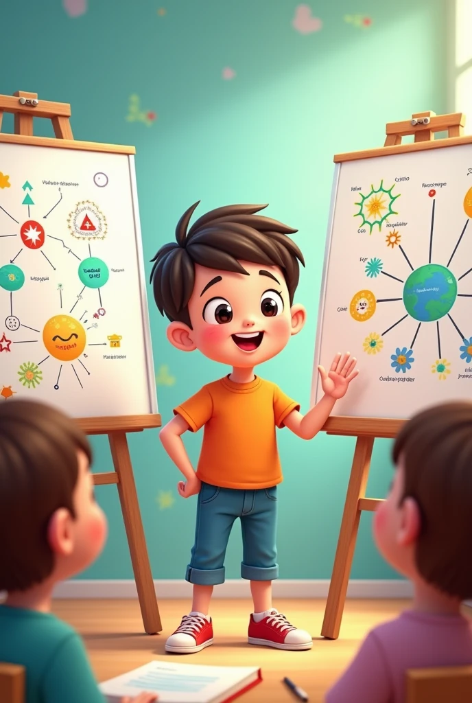 A child,in cartoon form, In school, presenting 2 whiteboards 