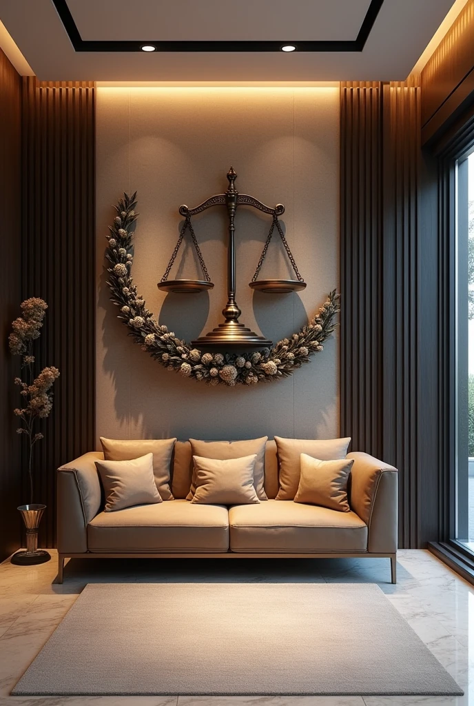 Interior decor for an advocate office with beautiful wall sculpture on one wall with advocate written on it and with symbol of justice balance scale