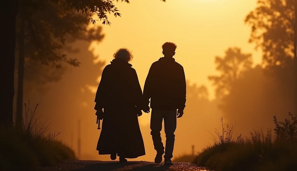 Silhouette of an elderly spirit, wise, walking with a young black man