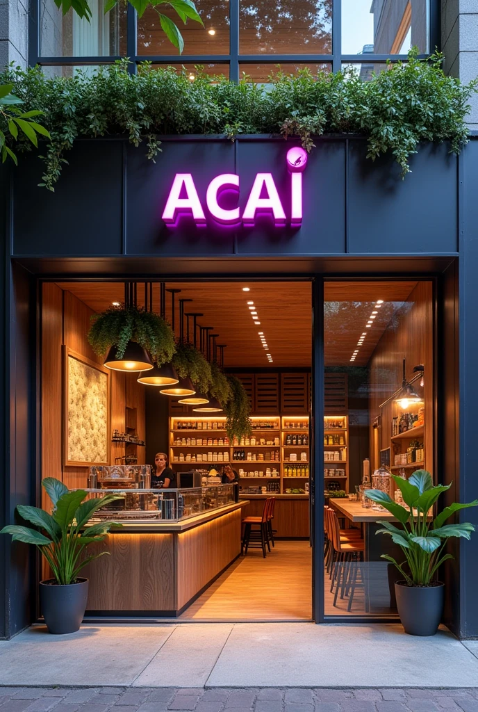 Facade of an açaí shop with modern lighting and wood