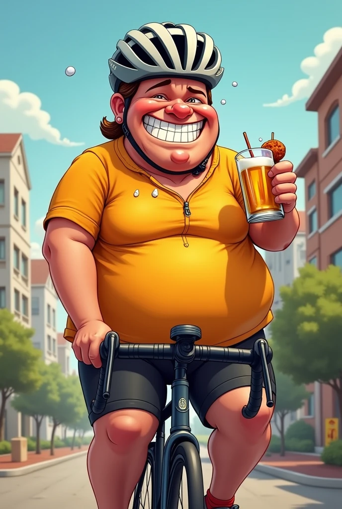 Fat character riding a bike with a helmet, cyclist clothing, with a glass of beer and a meat skewer in hand, mouth with gummy smile drops of sweat falling from the body, looking tired but with a happy face
