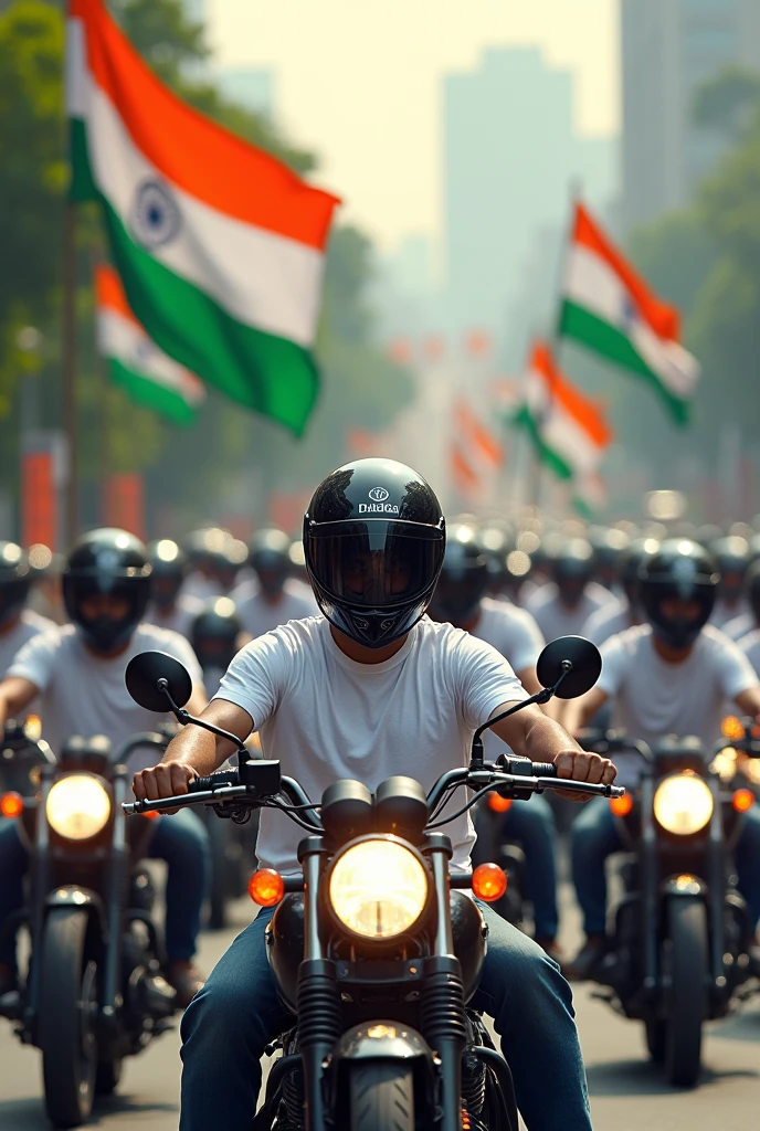 Motorcycle rally with riders wearing full face helmets and white tshirts with Indian Flags with space to write information