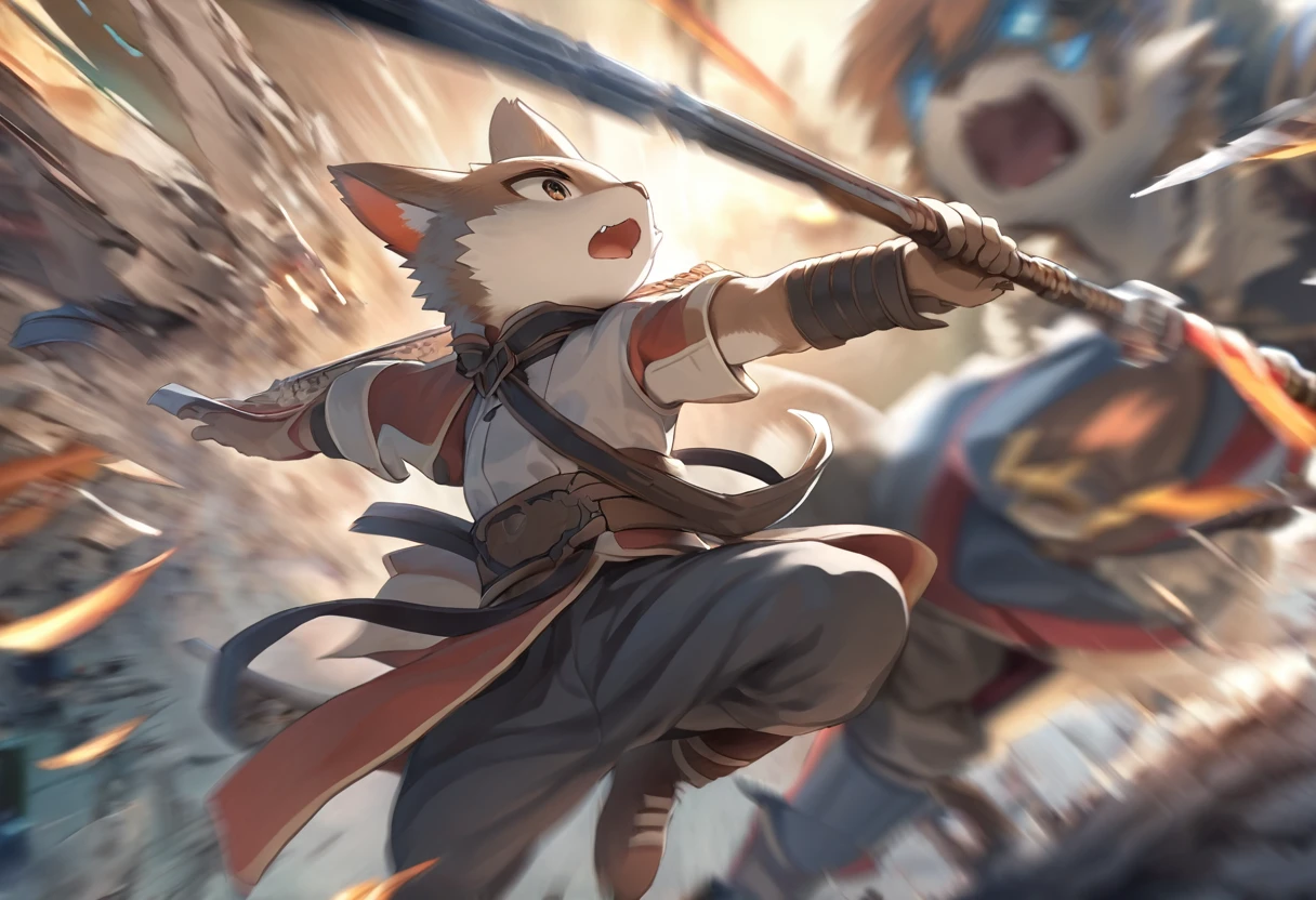 top quality, high-quality illustrations((masterpiece))depth of field, motion blur, absurdres, Perfect Anatomy, magnificent picture of kemono fighting fierce battles, kemono, Anthro((dramatic))epic, weapon, Acrobat, One scene of movie,