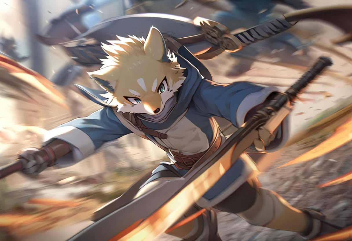 top quality, high-quality illustrations((masterpiece))depth of field, motion blur, absurdres, Perfect Anatomy, magnificent picture of kemono fighting fierce battles, kemono, 1boy, solo focus, Anthro((dramatic))epic, weapon, dynamic pose, One scene of movie,