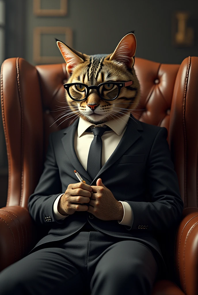 A cool cat sitting in a boss chair with glasses and smoking