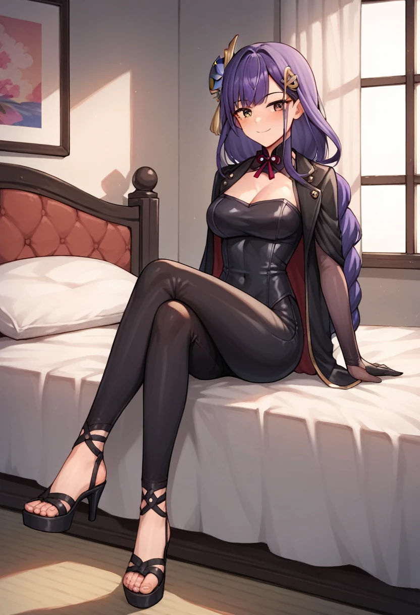 score_9, score_8_up, score_7_up, score_6_up, score_5_up, score_4_up, source_anime, 1girl,lora:raidenshogun1-000009:1>, raidenshogundef, upper body, sexy smile, bed, purple hair, hairpins, brown eyes, long hair, leater jacket, black dress, pants, black high heels, sandals, crossed legs, leather gloves, room, best quality, best res, 4K UHD,