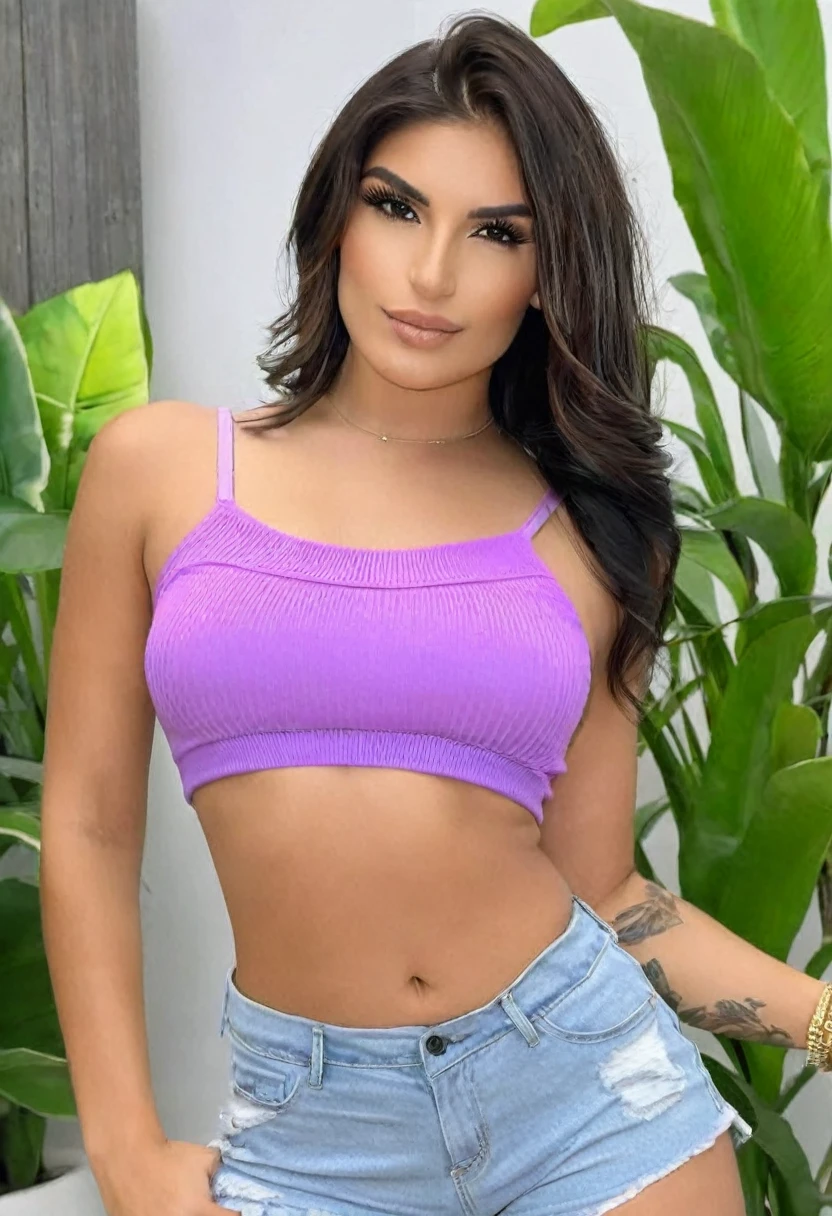 ((high quality:1.2)), (8k), extremely detailed, ((High detail:1.2)), ((best resolution:1.4)), (Alex Zedra), Solo, 24 year old Colombian female, (crop top, mini-shorts), ((extremely beautiful and perfect face:1.4)),