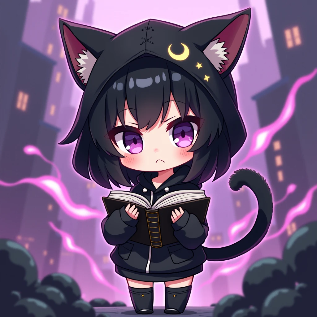 Anime figure of a girl with cat ears, hooded sweatshirt, Anime moe art style, demon slayer rui fanart, chibi!!! Catgirl, Chibi Anime Girl, black-haired magician with black open magic book with decorations in one hand, Anime-Chibi, anime Catgirl, Mihoyo art style, advanced digital chibi art, chibi art, black and white clothing, background destroyed city, a cock, more purple flashes!!!