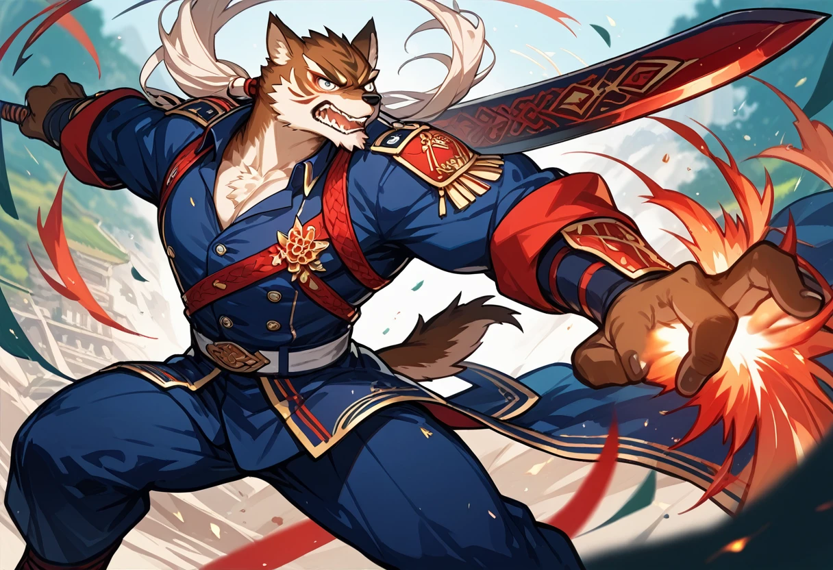 top quality, high-quality illustrations((masterpiece))depth of field, motion blur, absurdres, Perfect Anatomy, magnificent picture of kemono fighting fierce battles, kemono, 1boy, solo focus, Anthro((dramatic))epic, weapon, dynamic pose, One scene of movie,