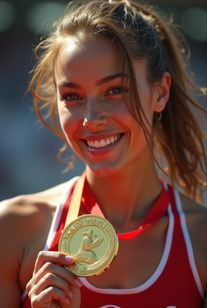 (photorealism:1.2), beautiful athlete woman showin gold medal with hand