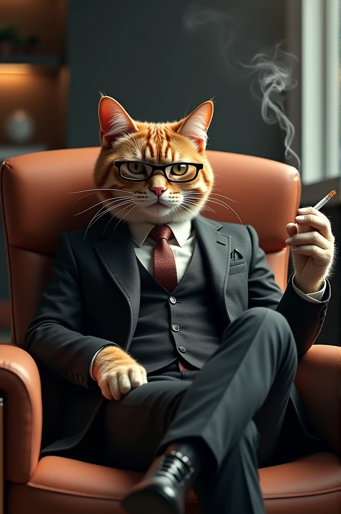 A cool cat sitting in a boss chair with glasses and wearing coat and smoking