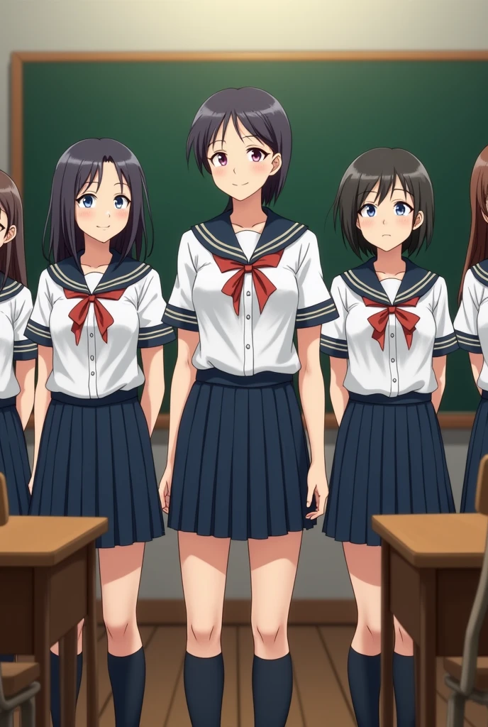 a five girls and 2 boys standing at the front of the classroom wearing there officer's uniform.