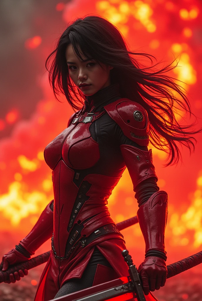 (masterpiece:1.2, Highest quality,High resolution,Super detailed),8k,wallpaper,(Very detailed),(Armored Core Style),Woman in ninja robot armor,Black Hair,Random Hairstyles,(Flame Ninja),(Red body),(Detailed face:1.3),(Detailed body:1.3),(Cowboy Shot:1.6),(The background is a red battlefield with a translucent dragon made of summoned flames.:2.0),Hair blowing in the wind,cyber punk,(dynamic),(Preparing for battle,Wield a giant sword with both hands:1.2,The electronic parts of the armor glow.:1.6),(Detailed hands:1.6),(Flashy special move effects:2.0)