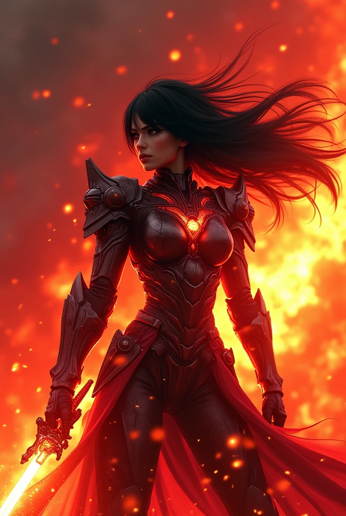 (masterpiece:1.2, Highest quality,High resolution,Super detailed),8k,wallpaper,(Very detailed),(Armored Core Style),Woman in ninja robot armor,Black Hair,Random Hairstyles,(Flame Ninja),(Red body),(Detailed face:1.3),(Detailed body:1.3),(Cowboy Shot:1.6),(The background is a red battlefield with a translucent dragon made of summoned flames.:2.0),Hair blowing in the wind,cyber punk,(dynamic),(Preparing for battle,Wield a giant sword with both hands:1.2,The electronic parts of the armor glow.:1.6),(Detailed hands:1.6),(Flashy special move effects:2.0)