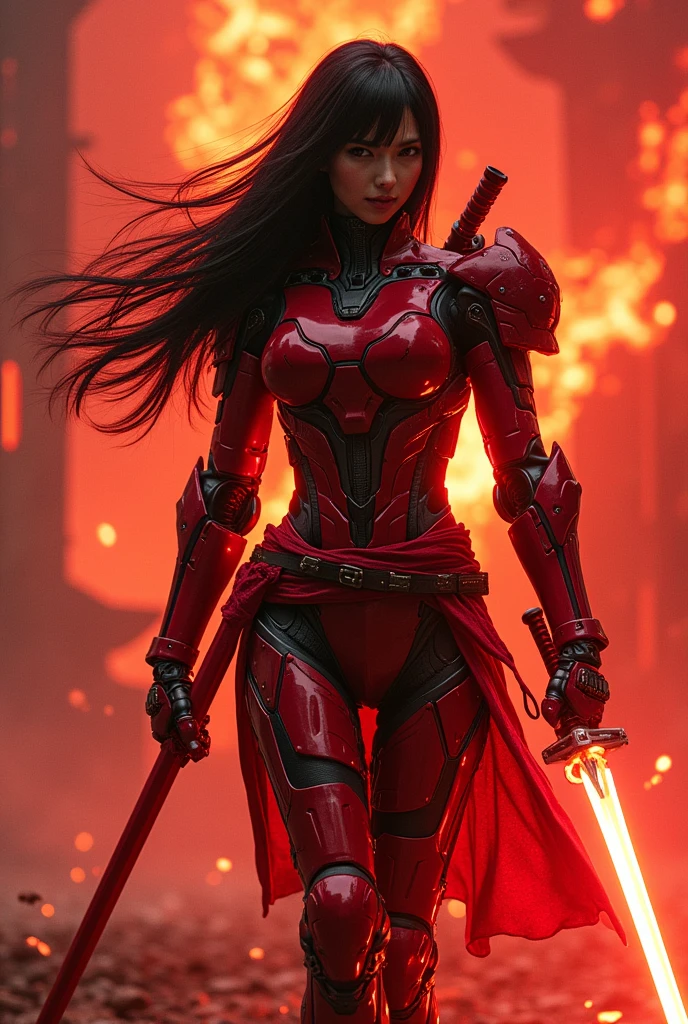 (masterpiece:1.2, Highest quality,High resolution,Super detailed),8k,wallpaper,(Very detailed),(Armored Core Style),Woman in ninja robot armor,Black Hair,Random Hairstyles,(Flame Ninja),(Red body),(Detailed face:1.3),(Detailed body:1.3),(Cowboy Shot:1.6),(The background is a red battlefield with a translucent dragon made of summoned flames.:2.0),Hair blowing in the wind,cyber punk,(dynamic),(Preparing for battle,Wield a giant sword with both hands:1.2,The electronic parts of the armor glow.:1.6),(Detailed hands:1.6),(Flashy special move effects:2.0)