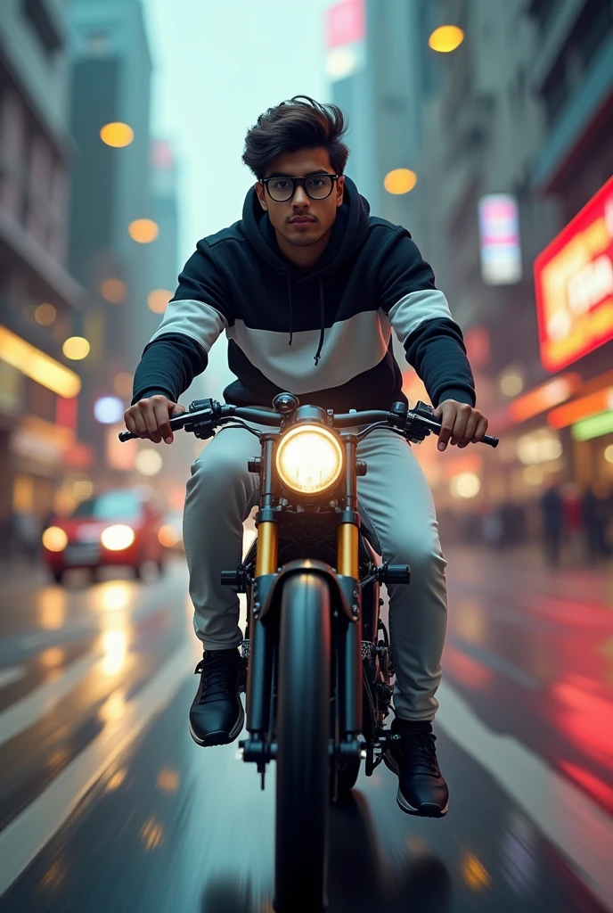 A 20-year-old Indian boy is riding a racing bike, wearing a stylish black and white hoodie paired with white jeans. His glasses catch the light as he looks directly at the camera with a confident expression. The cityscape in the background is dynamic, with blurred buildings and street lights creating a sense of speed and motion. The scene conveys youthful energy and an adventurous urban vibe.