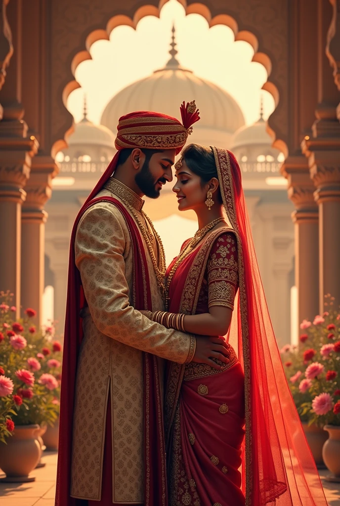 Indian Romantic couples wearing marriage dress