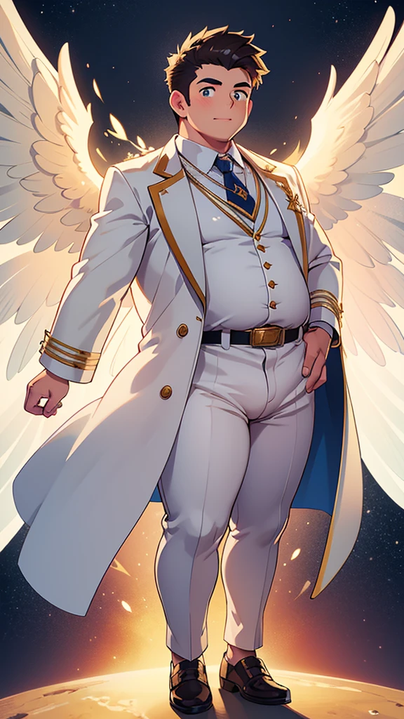 masterpiece, high quality, 8k, Ultra HD, detailed background, detailed face, space, male, young man, big belly, very thick body, chubby, overweight, bulky, fat, chubby cheeks, golden shoes, white button up long sleeve shirt with a golden coat and tie, golden pants with a white tight belt, tight clothes, 5 ft and 8 inches tall, two hundred pounds, seraphim, accurate angel in human form, wish granter angel, six angel wings on his back, flying, detailed character, solo, close up, handsome, cute