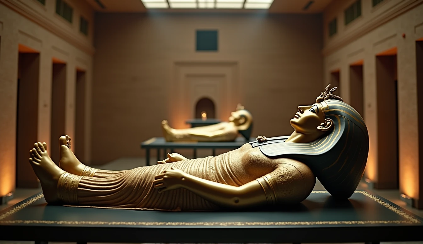 a beautiful cinematic image of the sarcophagus of the ancient Egyptian king Tutankhamun ,Tutankhamun&#39;s body was wrapped in layers of linen bandages, a common practice in the mummification process. The bandages were carefully arranged in layers, and protective amulets were placed between them, which symbolized different gods and offered protection to the pharaoh on his journey to the afterlife. Each element of Tutankhamun&#39;s sarcophagus reflects the pharaoh&#39;s importance in Egyptian culture and belief in the afterlife.., photo, cinematic, architecture