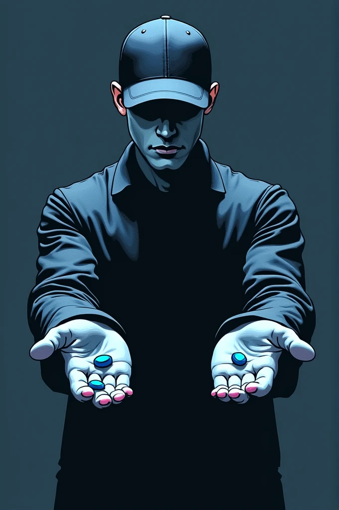 man in cap holding a blue pill in each hand in matrix style choose your pill. just outlines, just simple lines no colors no fills, artwork for t-shirt. sentence below saying Blueginotrix