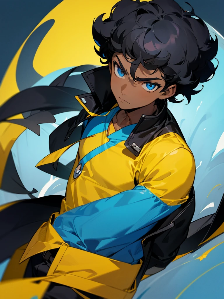 Image of a dark skinned boy with curly black hair, with blue eyes and wearing a yellow shirt and on top a black jacket with blue details based on the style of a pokemon trainer