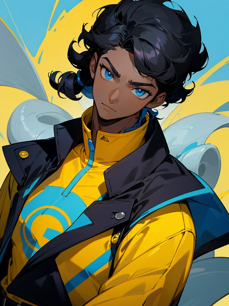 Image of a dark skinned boy with curly black hair, with blue eyes and wearing a yellow shirt and on top a black jacket with blue details based on the style of a pokemon trainer