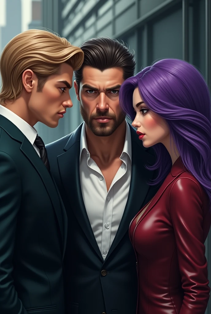 Handsome blond man, handsome western man with brown hair, woman with asian features and beautiful long purple hair, gta, 3 people, SOCIAL CLOTHES, beautiful, mobsters, Italian Mafia, business partners, sem romance