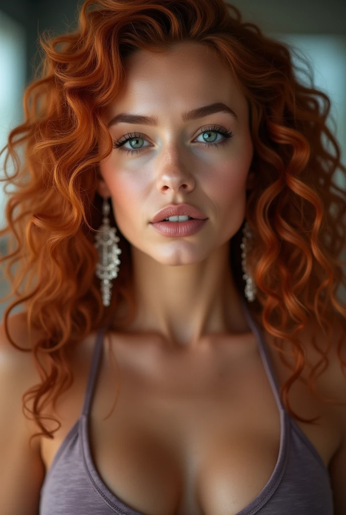 (Realistic photo of a beautiful woman, 35 years old, grey eyes, full full lips, red hair, long curly hair, curls, tanned skin, jewellery, realistic, soft lighting, professional photography, photorealistic, detailed, RAW, sharp focus, ultra-high resolution, best quality, masterpiece, (best quality, high-resolution, ultra-detailed:1. 2), HDR, bright colours, threadmill, curvy, sexy, sweating, earrings, gym