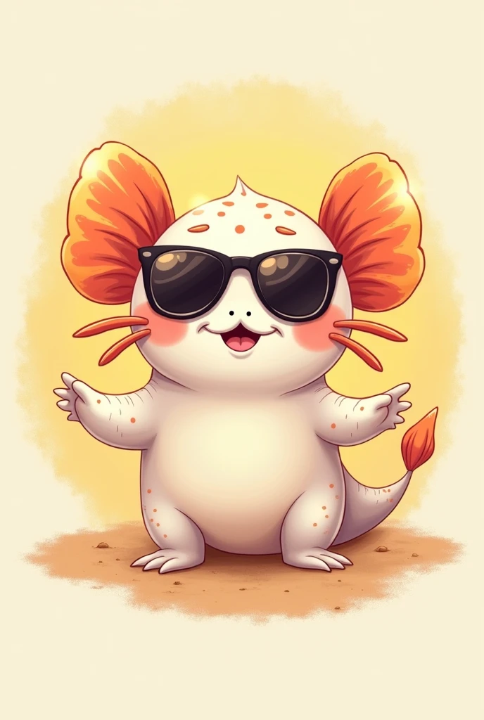 Create a happy, sunglasses-wearing axolotl that also has long gills for a logo for a baby clothing brand called "Cuddle"