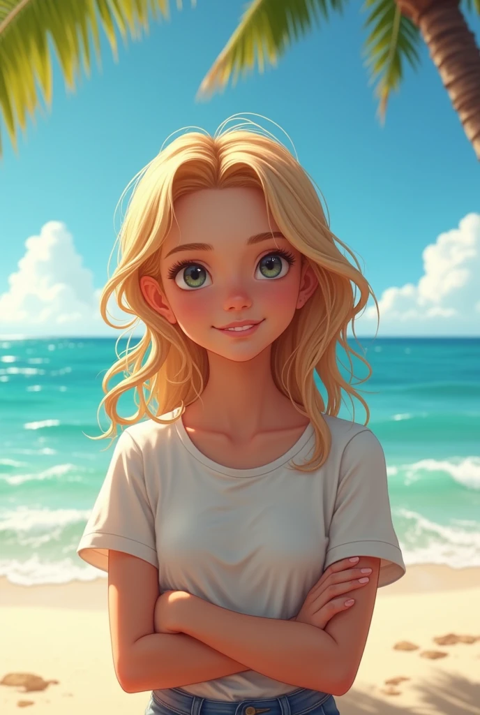 Young  blonde girl with light brown hair, Serious girl with a smile, wears a t-shirt , In the background the beach of the city of Veracruz, Mexico