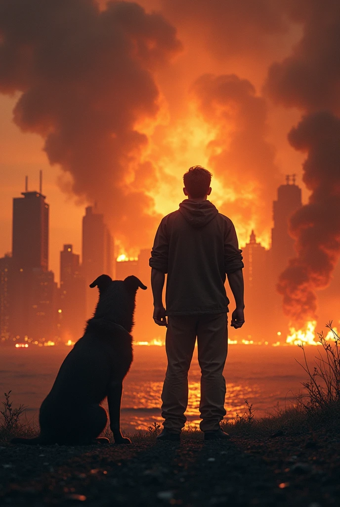 A guy and his dog watch
A city burns 