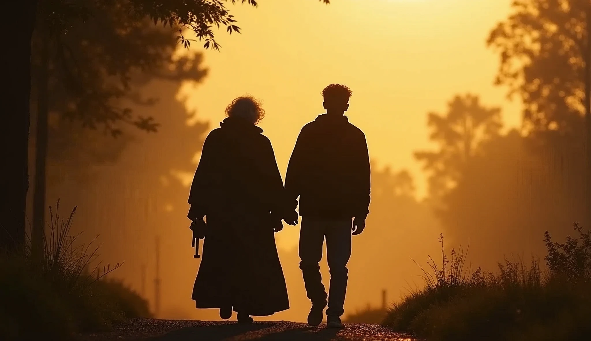 Silhouette of an elderly spirit, wise, walking with a young black man