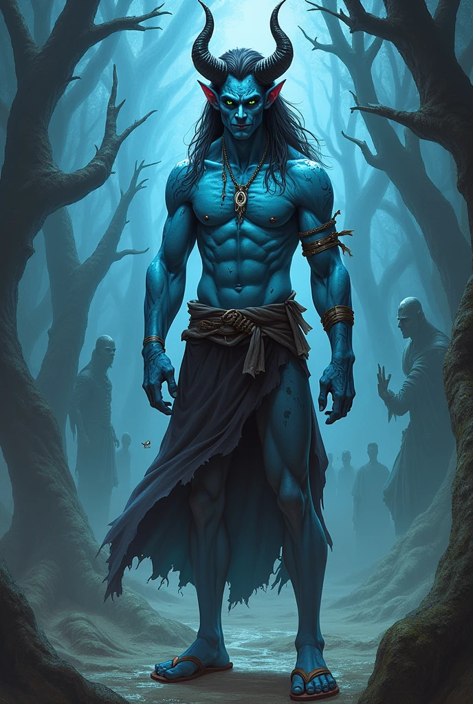 Create a blue tiefling, with one horn curved forward and the other broken, has long black hair with white highlights, has a green eye while the other is red and black, has scars all over his body except his face, a bite mark on the neck and no left arm.

His clothes are loose and he wears flip-flops and a silver pendant necklace., and he has a slight smile while surrounded by good and evil spirits.