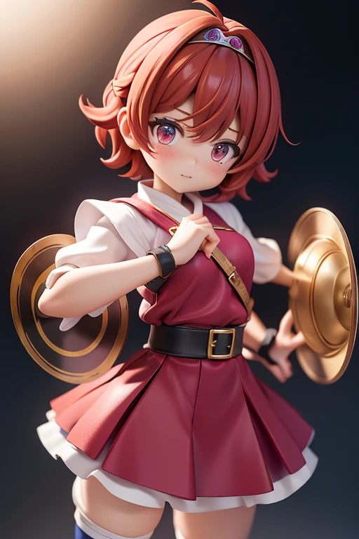 Magical giel、、Young girl、、height: 130ort Hair、Shortcuts、boyish、Circlet、tiara、Character portrait、Standing with your legs apart、Karate stance、Martial Arts、spats、ホットpants、pants、Magical Girl Costume、Red clothes、Red Hair、Red eyes、Fighting gloves on hands、Shields in both hands、a round shield
