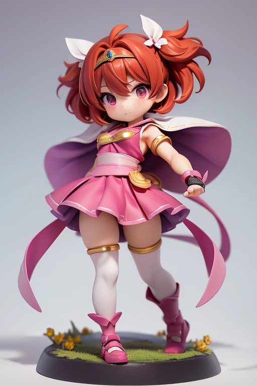Magical giel、Primary school students、Young girl、、height: 130cm、Short Hair、Shortcuts、boyish、Circlet、tiara、Character portrait、Standing with your legs apart、Karate stance、Martial Arts、spats、ホットpants、pants、Magical Girl Costume、Red clothes、Red Hair、Red eyes、Fighting gloves on hands、Shields in both hands、a round shield