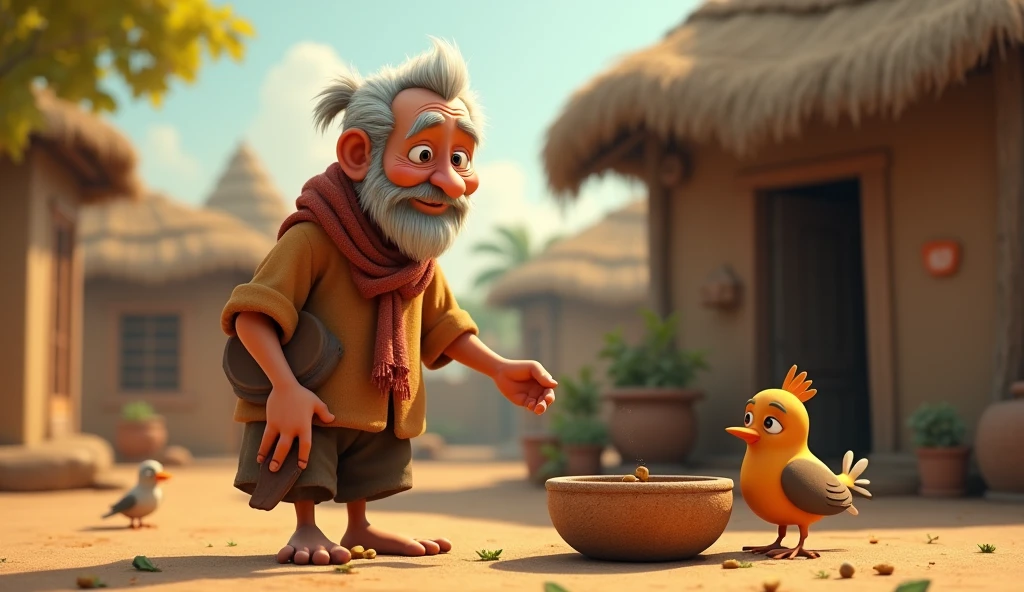 In cinematic 3D cartoon style. Scene of the Poor Man’s Hut: A simple, rustic hut in a small village with a thatched roof and basic furnishings. The man is seen in the early morning, feeding birds from an old, worn-out bowl.