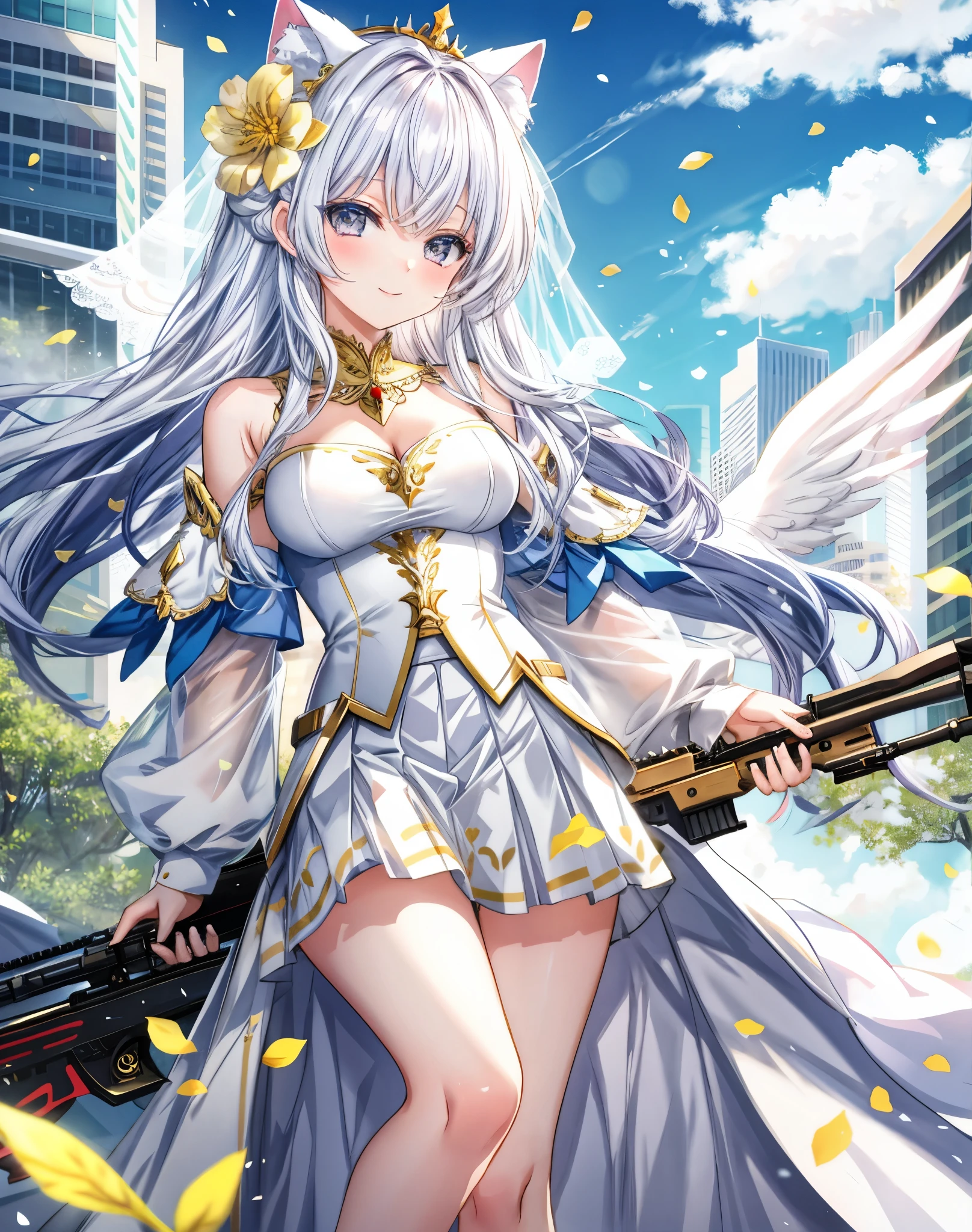 Anime nekogirl, cat_ears, 8K, cute girls、young anime girl、Portrait of an anime Nekogirl、Beautiful anime girl//Style
BREAK
//quality and charactor
gold eyes, white long curly hair,
high resolution, ultra detailed, absurderes,
((golden white Angel wings)), (off shoulders:1.3), kawaii smile
She hold a big sniper rifle, medium breast.
Sniper Rifle.
BREAK
//Fashion
Intricate white god clothes, bare shoulders, Veil details,
(gold details ),(Red details )
God dress, bare foot
(Tuckout skirt:1.3),(Skirt pull up:1.3),
bare shoulders
She is a god with a sniper rifle
BREAK
//background
Sky blue, white clouds, meteorite, blurry skyscrapers, blue flower petals, scenery, gold hearts midair in the background
BREAK
//emotion
Thoughtful expression, Pensive, Reflective, Contemplative,
Utopian performance, lost in thought, Contemplative, Pensive,
BREAK
//effect
Blooming light effect